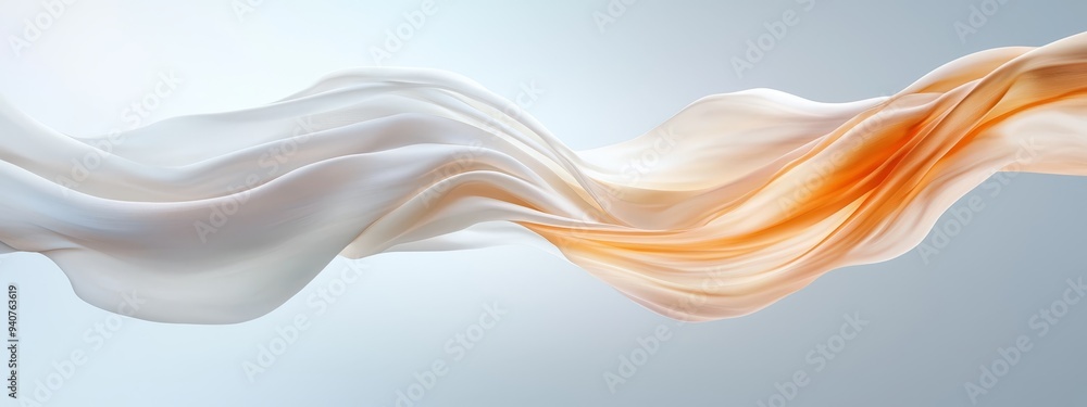 A flowing white and orange fabric against a gray and white background with a light blue sky in the background A flowing white and orange fabric against a gray and white background with a light blue sky in the background