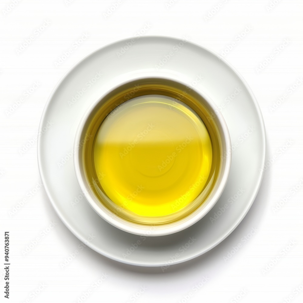 Top view of a bowl of clear yellow liquid, possibly oil or broth, on a white surface. Top view of a bowl of clear yellow liquid, possibly oil or broth, on a white surface.
