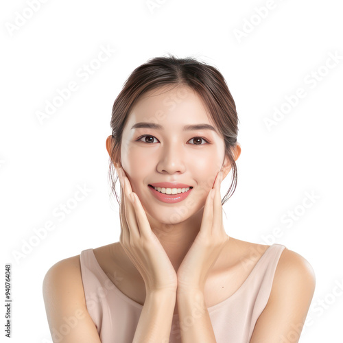 Beautiful woman with face care hand gesture front view isolate on transparency background