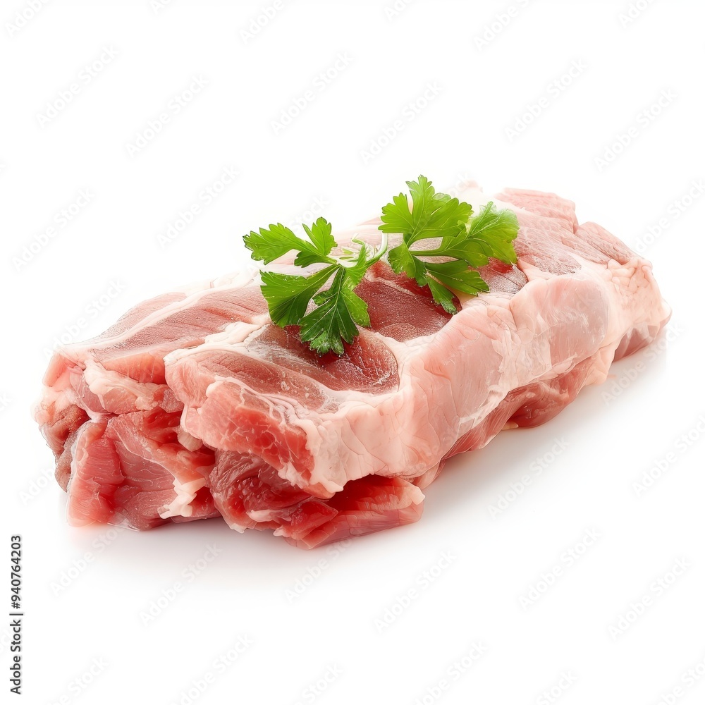 A close-up photo of a single, whole pork steak with a bone attached. The steak is a light pink color with streaks of marbling and has a layer of fat around the edge. It sits on a white background. A close-up photo of a single, whole pork steak with a bone attached. The steak is a light pink color with streaks of marbling and has a layer of fat around the edge. It sits on a white background.