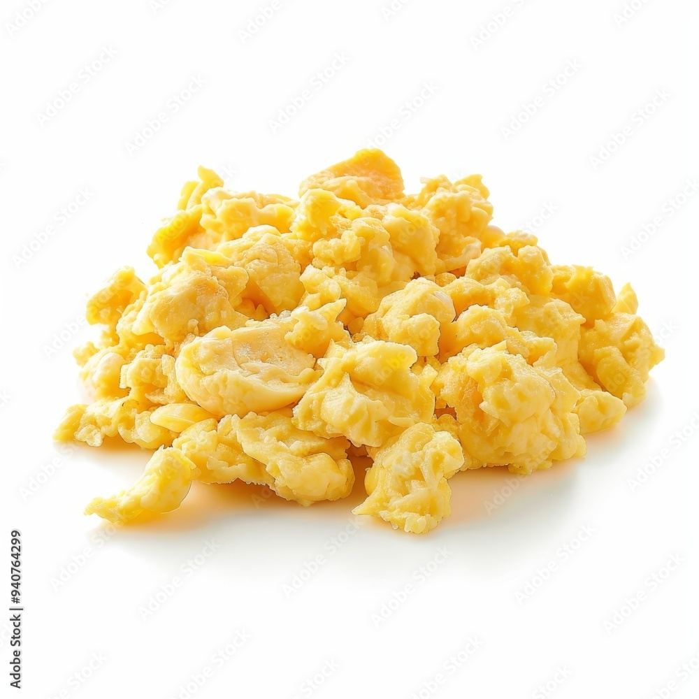 Close-up of scrambled eggs on a white background, well-cooked and fluffy. Close-up of scrambled eggs on a white background, well-cooked and fluffy.