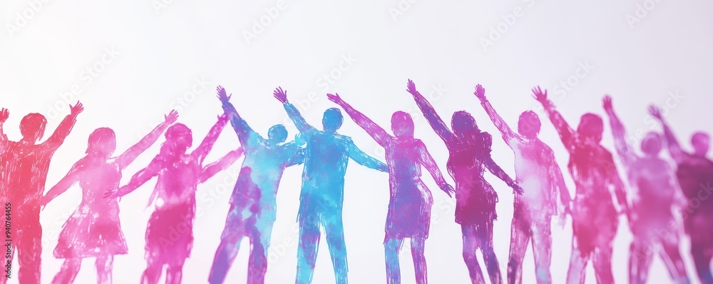 Silhouettes of colorful people raising their hands in celebration. Silhouettes of colorful people raising their hands in celebration.