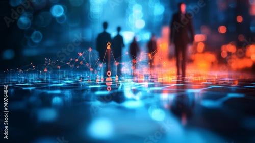 Wallpaper Mural Silhouettes of people walking on a city street at night, illuminated by neon lights. The ground is reflecting the light, creating a futuristic and abstract effect. Torontodigital.ca