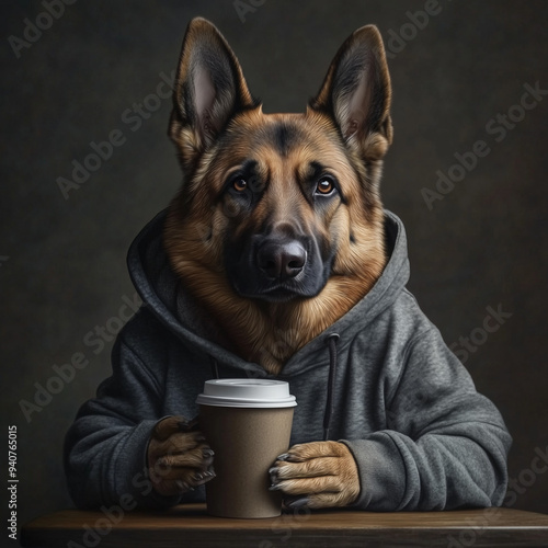 An adorable anthropomorphic dog sits at a wooden table, dressed in a gray hoodie, and holds a hot coffee cup, embodying a cozy and whimsical indoor scene. photo