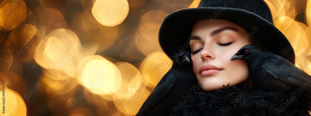 A woman wears a black hat with a black bird perched on hershoulder A woman wears a black hat with a black bird perched on hershoulder