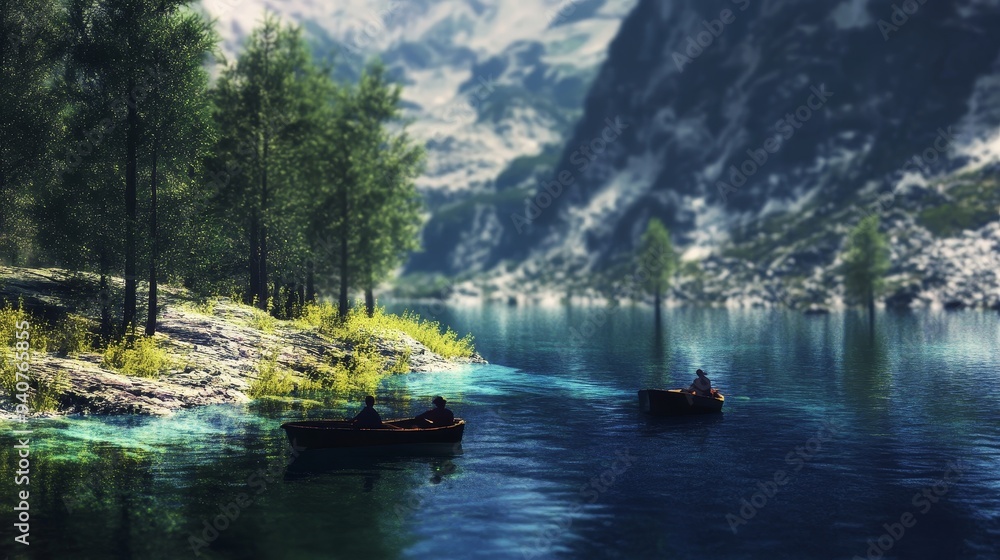 Fototapeta premium Two boats with people rowing on a serene lake, surrounded by lush greenery and majestic mountains.