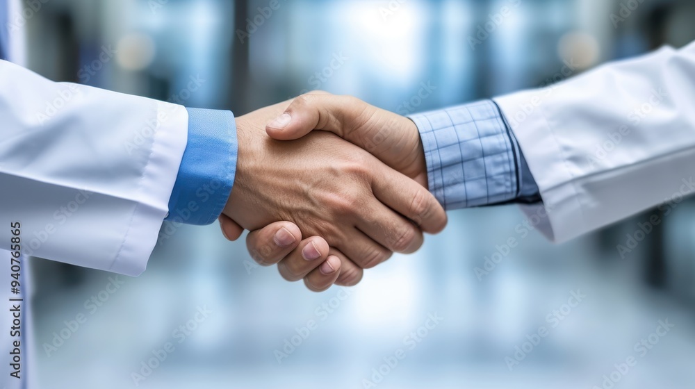 The Power of Partnership: Two doctors shake hands, symbolizing trust, collaboration, and the shared commitment to patient care in a modern healthcare setting. The Power of Partnership: Two doctors shake hands, symbolizing trust, collaboration, and the shared commitment to patient care in a modern healthcare setting.