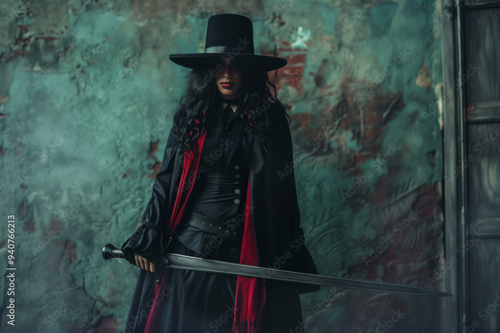 Woman dressed as Vampire Hunter Van Helsing for Halloween night with black cape and cowboy hat costume Woman dressed as Vampire Hunter Van Helsing for Halloween night with black cape and cowboy hat costume