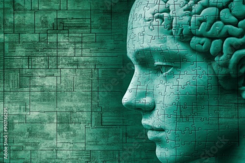 Wallpaper Mural Futuristic digital portrait of a man with a mosaic brain and glowing neural connections symbolizing intelligence cognitive function and mental health in a vibrant high tech design Torontodigital.ca