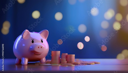 3D illustration of a small pig piggy bank on the table on a blue delicate background, coins falling Direction of business and management, coins in a stack Flat business cartoon. 