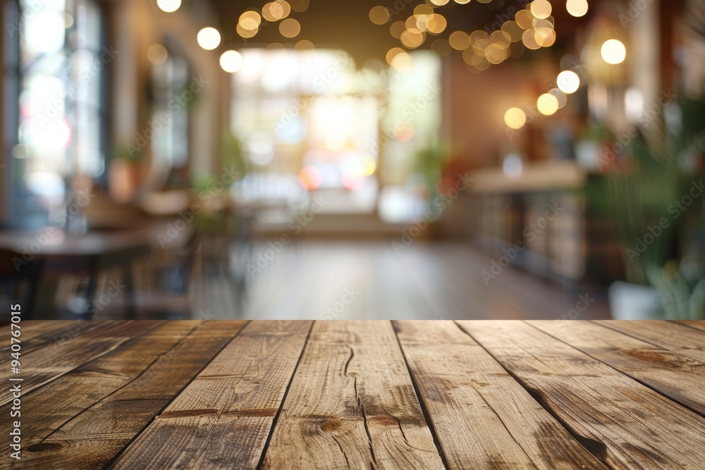 A wooden table with a blurry background and a few potted plants A wooden table with a blurry background and a few potted plants