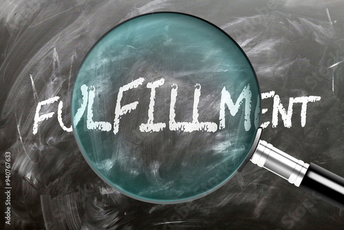 Fulfillment - learn, study and inspect it. Taking a closer look at fulfillment. A magnifying glass enlarging word 'fulfillment' written on a blackboard ,3d illustration