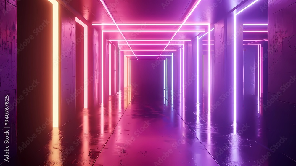A 3d render, abstract neon background with glowing lines in the dark room, Generative AI illustrations. A 3d render, abstract neon background with glowing lines in the dark room, Generative AI illustrations.