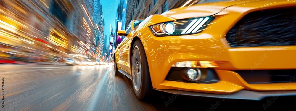 Obraz premium A sharp close-up of a yellow sports car racing down a street in a blurred photograph, surrounded by indistinct buildings in the background
