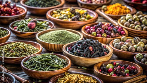 Colorful Array of Spices and Herbs in Wooden and Clay Bowls on Wooden Background. Culinary Variety Display for Gourmet Recipes, Cooking Blogs, and Food-Related Projects. Rich Aroma and Texture Showcas