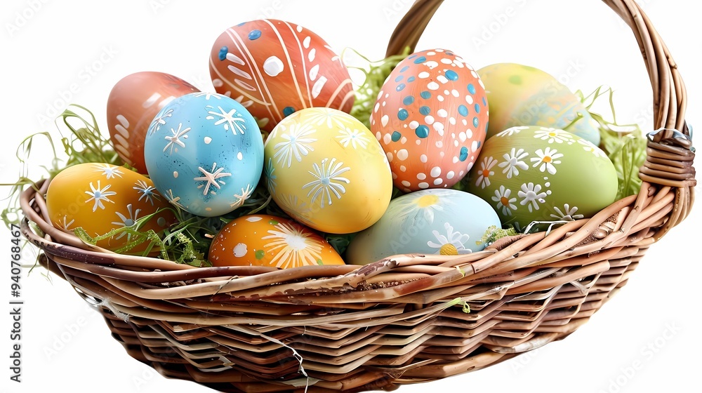 A basket of eggs, white background, Generative AI illustrations. A basket of eggs, white background, Generative AI illustrations.