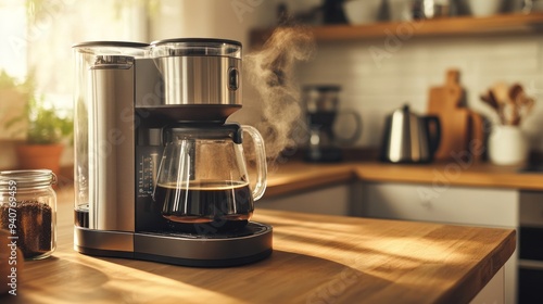 A modern stainless steel coffee maker brewing a fresh cup of coffee at home