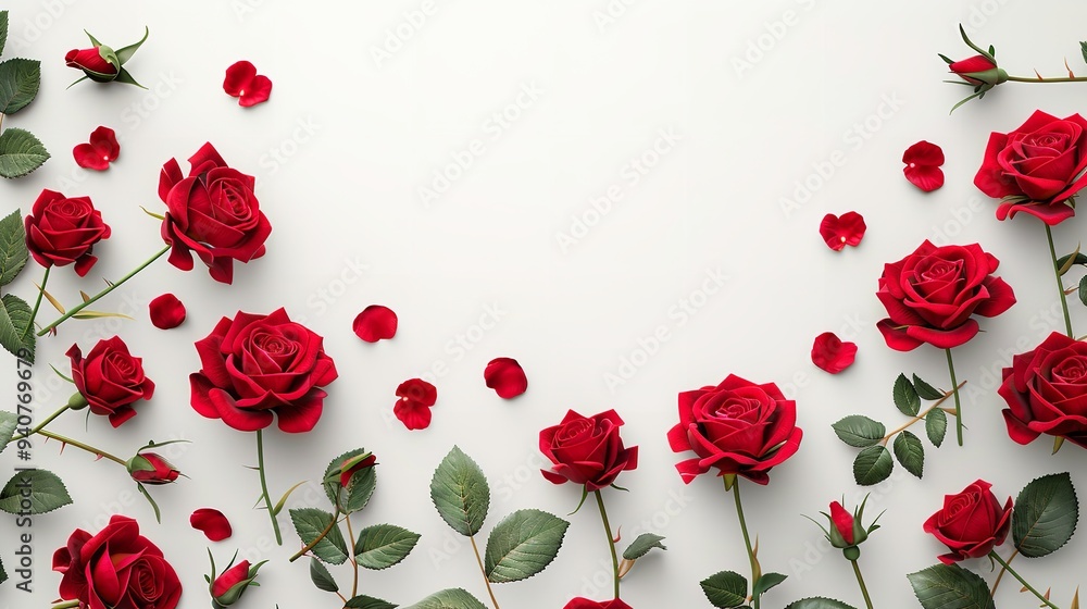 Red rose shrub frame on white background with text space Red rose shrub frame on white background with text space
