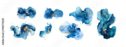 Abstract watercolor ocean navy blue and gold shapes isolated on white background, brush strokes texture, minimalist modern art elements vector illustration