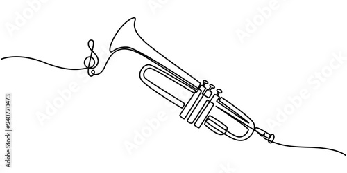 Continuous one line drawing of trumpet music instrument, Drawing of a trumpet in a doodle style, Trumpet Icon Vector Illustration, Saxophone continuous line vector illustration. Single line drawing 