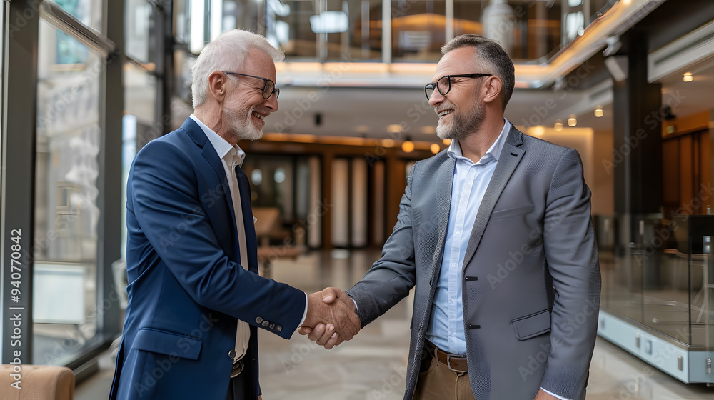 A CEO and janitor shaking hands in a sleek office lobby A CEO and janitor shaking hands in a sleek office lobby