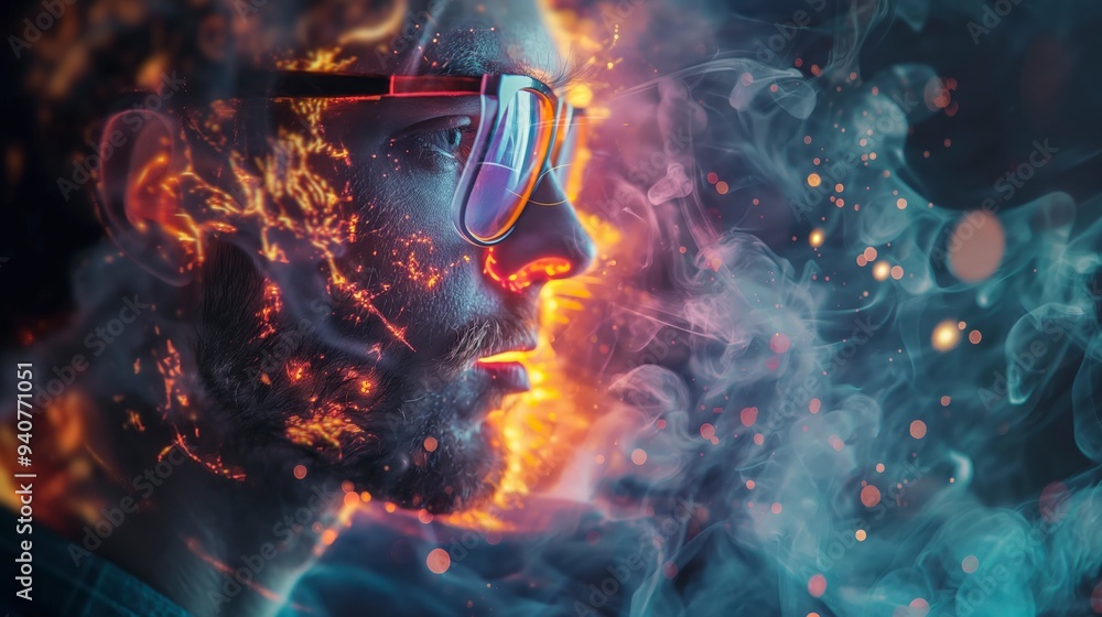 A surreal portrait of a man with vibrant smoke and light effects. A surreal portrait of a man with vibrant smoke and light effects.