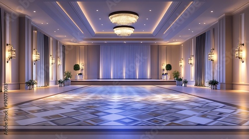 Bright and Inviting Event Space with a Stage, Soft Lighting, and Patterned Floor