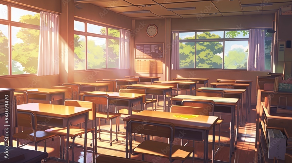 Empty classroom with desks and chairs, sun shining through windows. Empty classroom with desks and chairs, sun shining through windows.