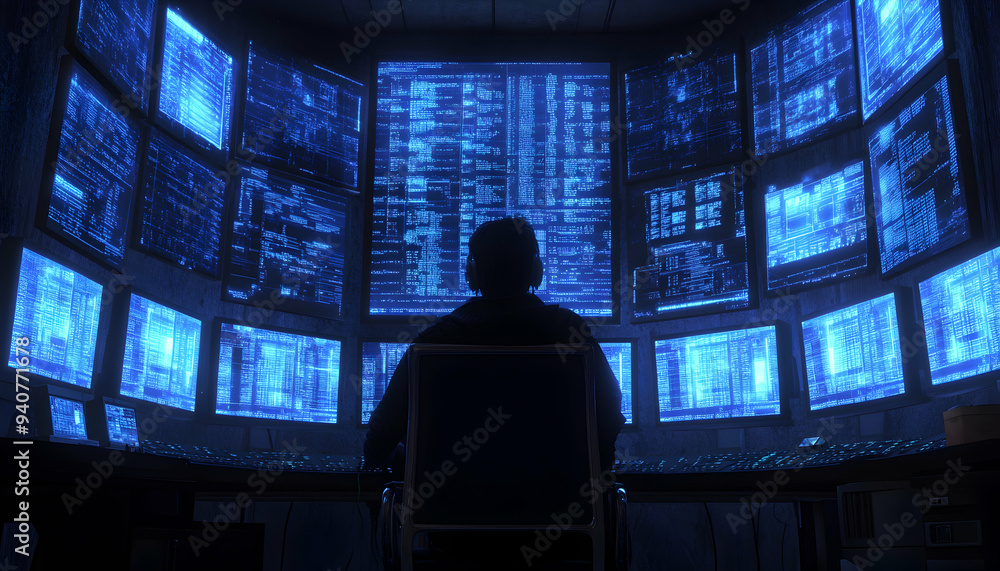 Hacker sitting in front of a computer with multiple screens displaying lines of code. Hacker sitting in front of a computer with multiple screens displaying lines of code.