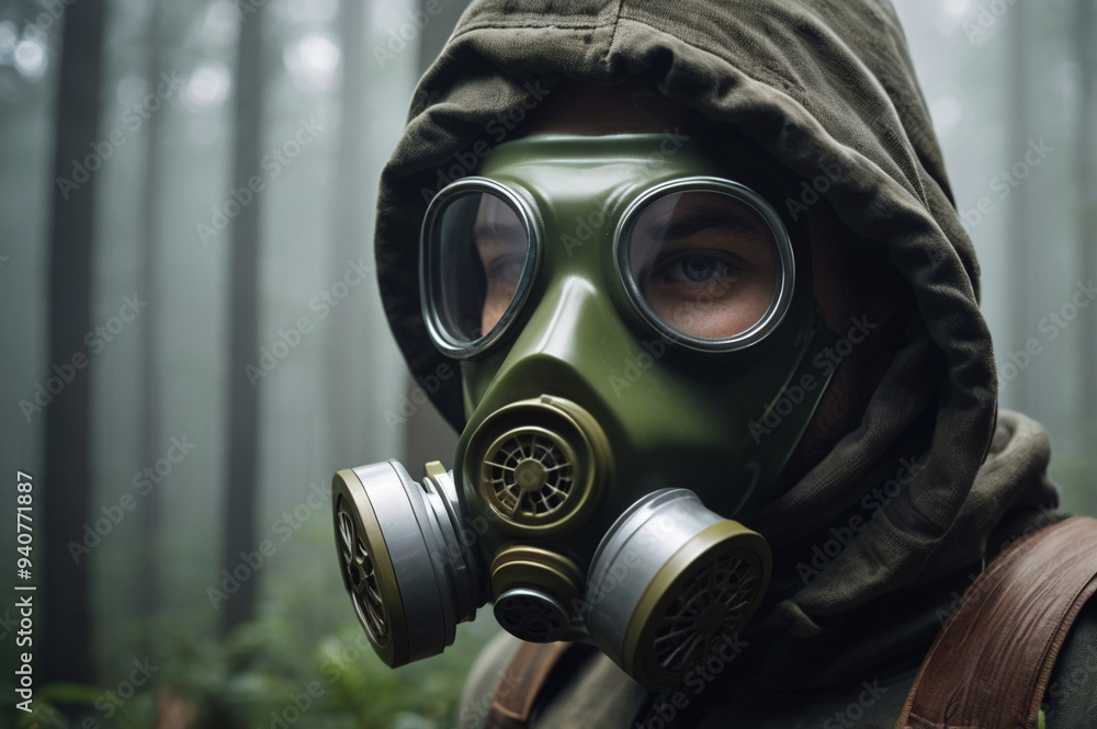Surreal Portrait of Person in Gas Mask Amidst Misty Forest Surreal Portrait of Person in Gas Mask Amidst Misty Forest