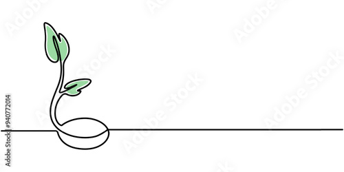 Sprout Continuous Line Illustration, Single line drawing of a plant, Plant growing continuous one line art drawing of tree plant outline vector illustration, Growing sprout one line art.