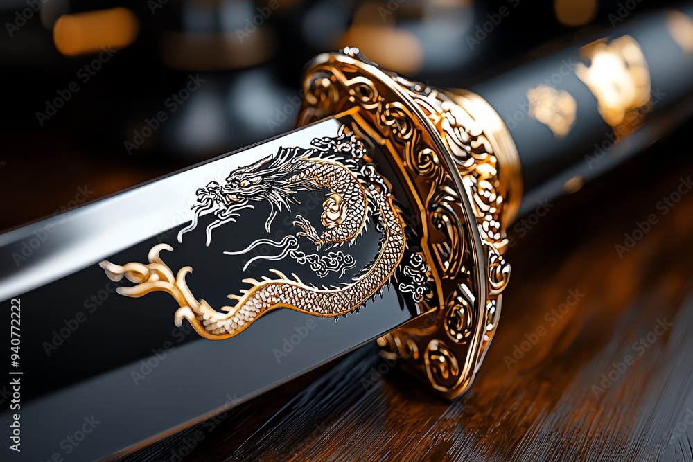 Detailed image of an ornate sword featuring a dragon design, showcasing exquisite craftsmanship and elegance. Detailed image of an ornate sword featuring a dragon design, showcasing exquisite craftsmanship and elegance.