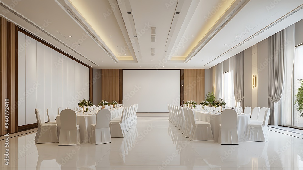 Minimalist Banquet Hall Interior Design with White Walls and Natural ...