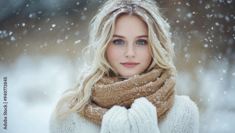 Beautiful blonde woman in a white sweater and scarf stands in a snowy forest Beautiful blonde woman in a white sweater and scarf stands in a snowy forest