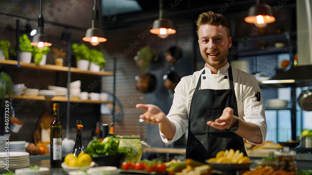 A charismatic chef explains a new recipe using an interactive kitchen screen in a cooking show studio. 