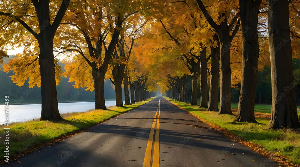 A Road Lined with Golden Autumn Trees Leading to a Distant Horizon A Road Lined with Golden Autumn Trees Leading to a Distant Horizon