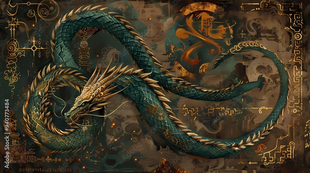 A majestic dragon wrapped around a surface, with intricate scales highlighted in gold, Generative AI illustrations. A majestic dragon wrapped around a surface, with intricate scales highlighted in gold, Generative AI illustrations.