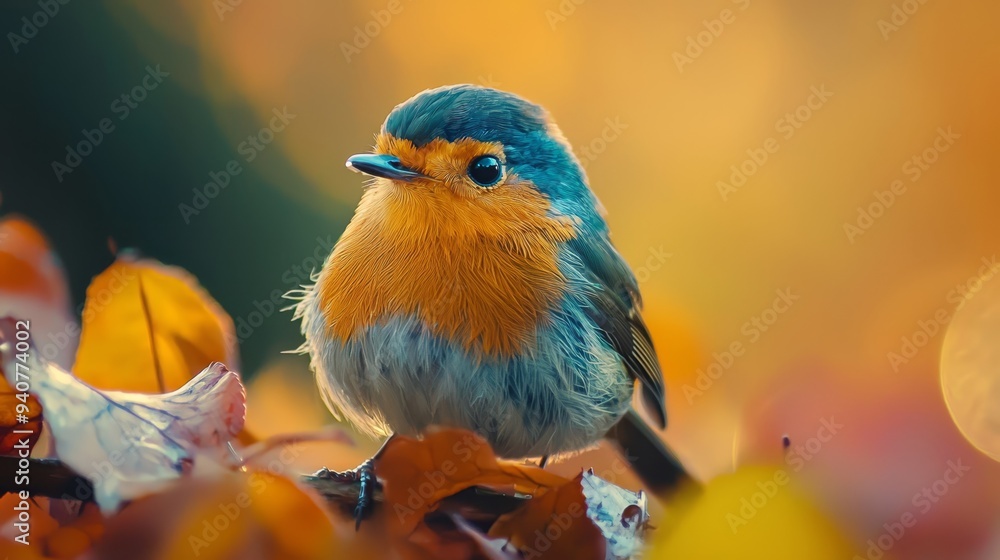 Obraz premium A blue-and-yellow bird perches on a tree branch, fully visible against leafy foliage, while the background softly blurs