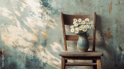 Aged wall with wooden chair and a vase of white daisies photo