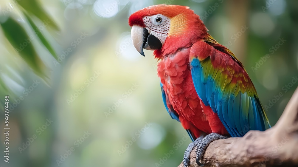 A vibrant parrot perches on a tree branch against a backdrop of a lush, green forest teeming with leaves, under a sunlit sky A vibrant parrot perches on a tree branch against a backdrop of a lush, green forest teeming with leaves, under a sunlit sky