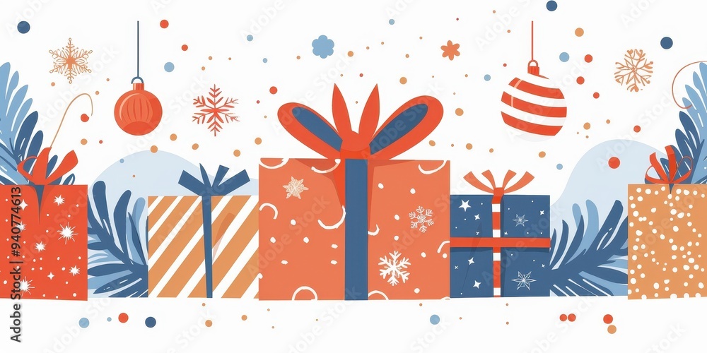 A row of colorful boxes with a red bow on top of each one A row of colorful boxes with a red bow on top of each one