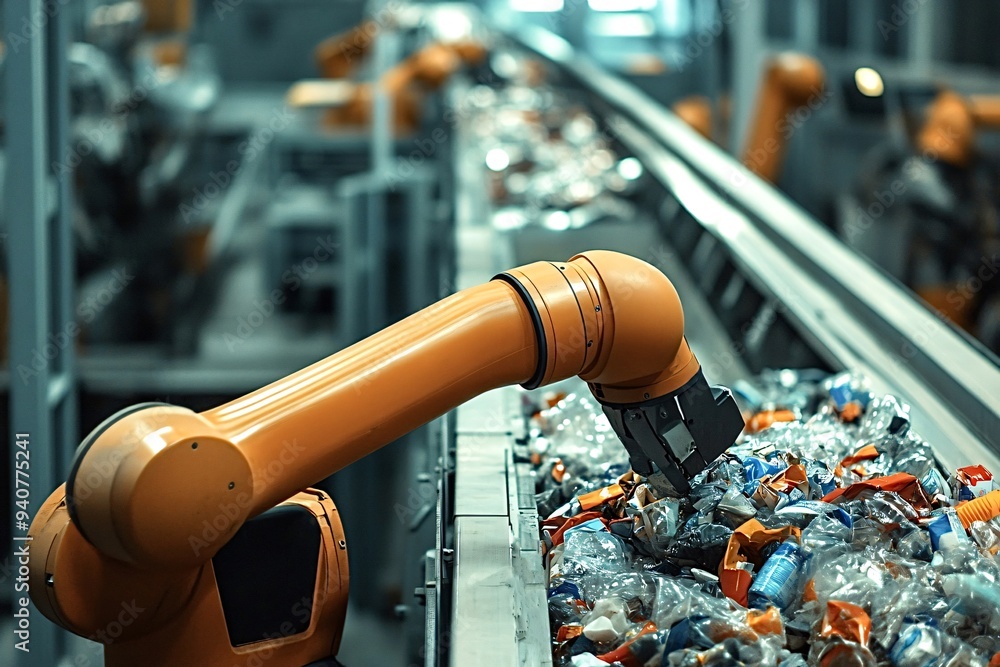 Robotic arm sorting through plastic waste on a conveyor belt in a ...