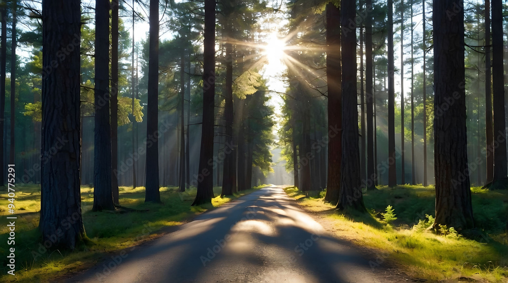 Obraz premium Sunbeams Through Trees on a Forest Path