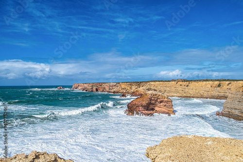 Ocean view and blue sky, Pontal da Carrapateira in Aljezur, Algarve, Portugal.