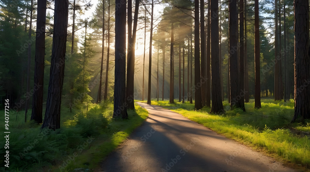 Obraz premium Sunbeams Shining Through Tall Trees on a Path in a Forest