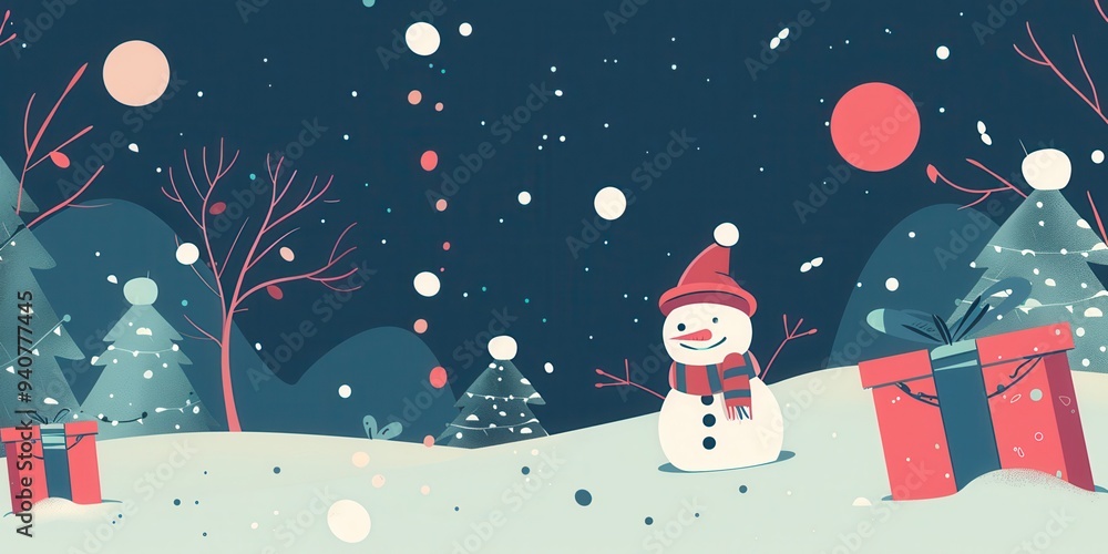 A cartoonish scene of a snow-covered landscape with a snowman and two presents A cartoonish scene of a snow-covered landscape with a snowman and two presents