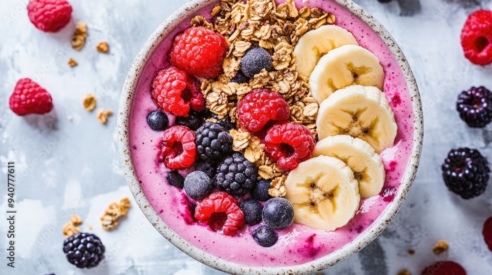 A juicy, colorful smoothie bowl topped with fresh berries, sliced bananas, and a sprinkle of granola, perfect for a healthy breakfast. A juicy, colorful smoothie bowl topped with fresh berries, sliced bananas, and a sprinkle of granola, perfect for a healthy breakfast.
