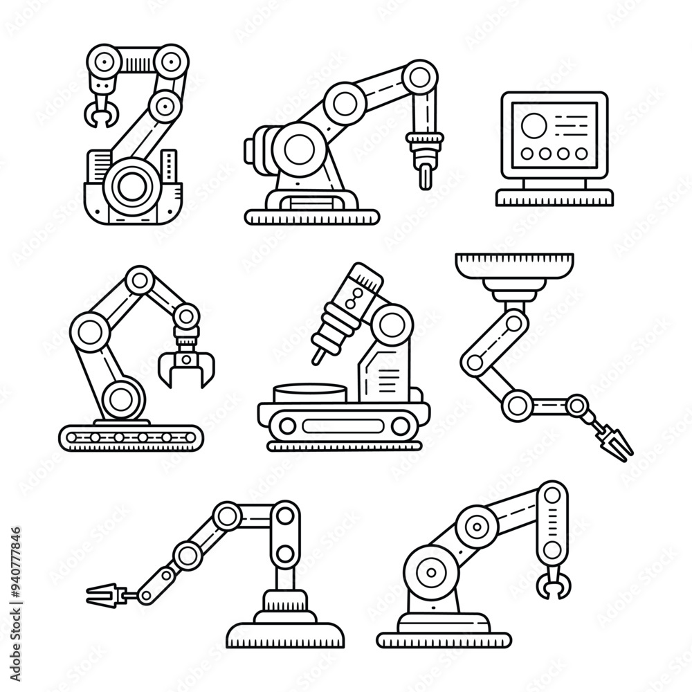Automated robotic arm, Mechanical hand robot outline doodle hand drawn. Modern industrial technology automation vector illustration