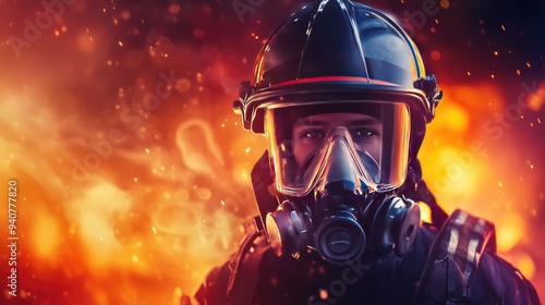 Firefighter Ready for Action with Helmet and Air Mask, Fire Flames Blurred in Background