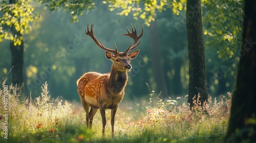 A young red deer stag stands in a vibrant meadow, embodying nature's serene beauty.